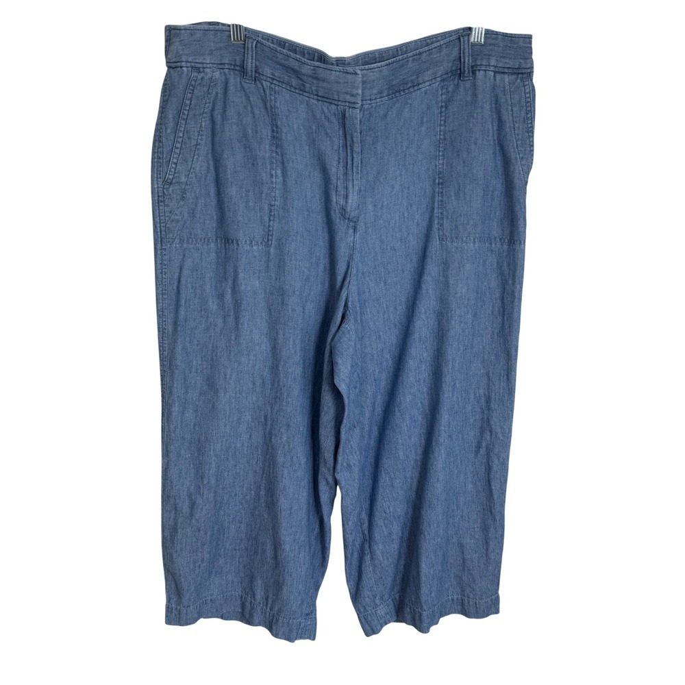 Talbots Womens Blue Linen Cotton Wide Leg Cropped Pants Size 16 Chambray Style